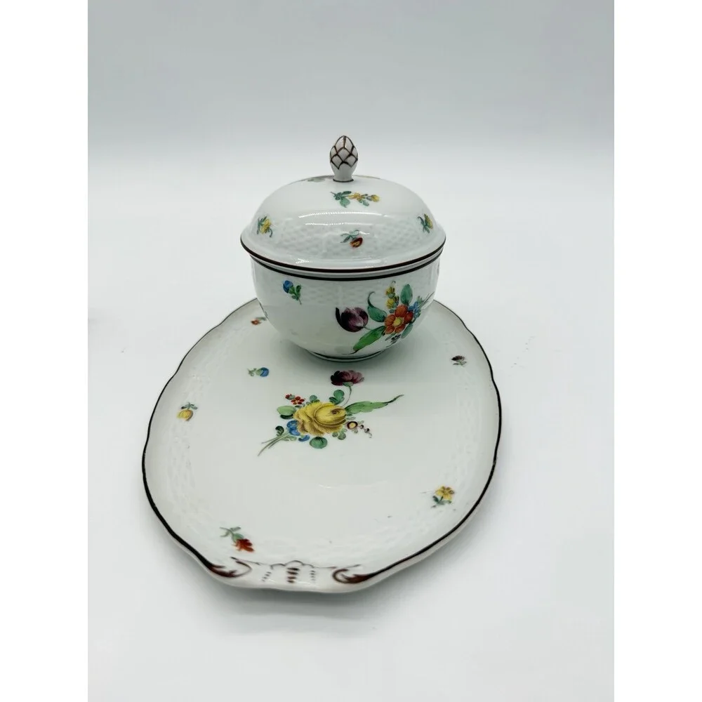 Antique Nymphenburg Porcelain Floral Sugar Bowl & Tray Basket Weave Set 2 PCs